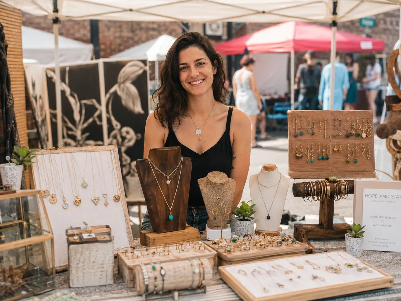 Handmade jewellery and crafts displayed at a market stall.