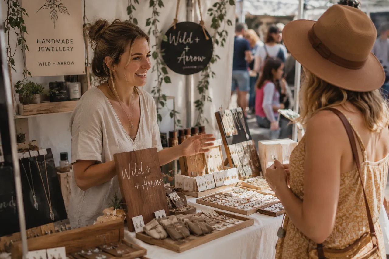 Customer browsing handmade goods at a market stall.
