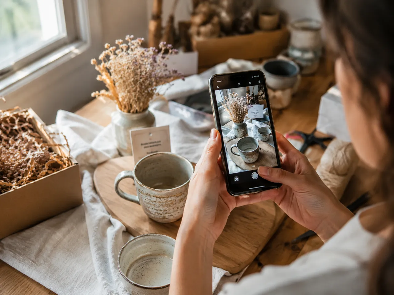 Maker photographing handmade products with a phone at their workbench.