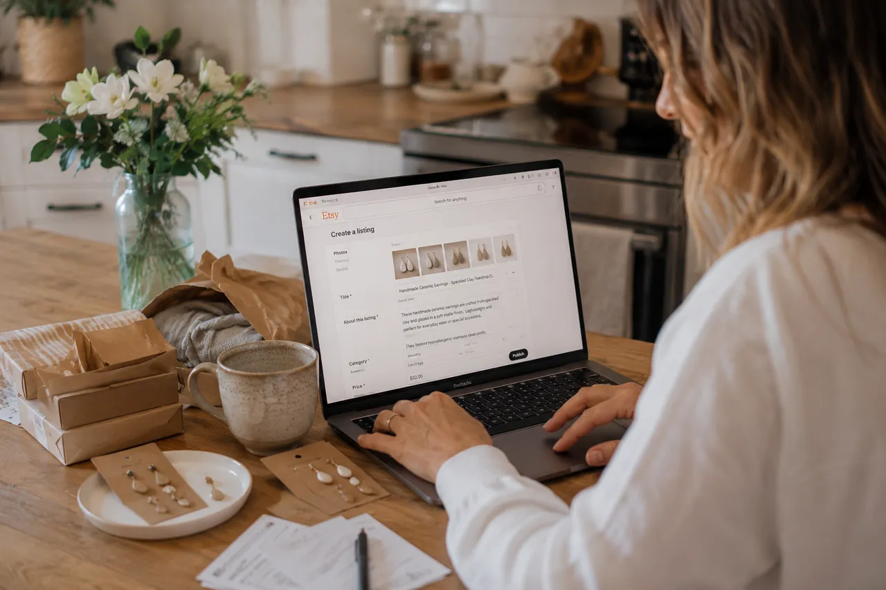 Posting product listings to online shops from a laptop.