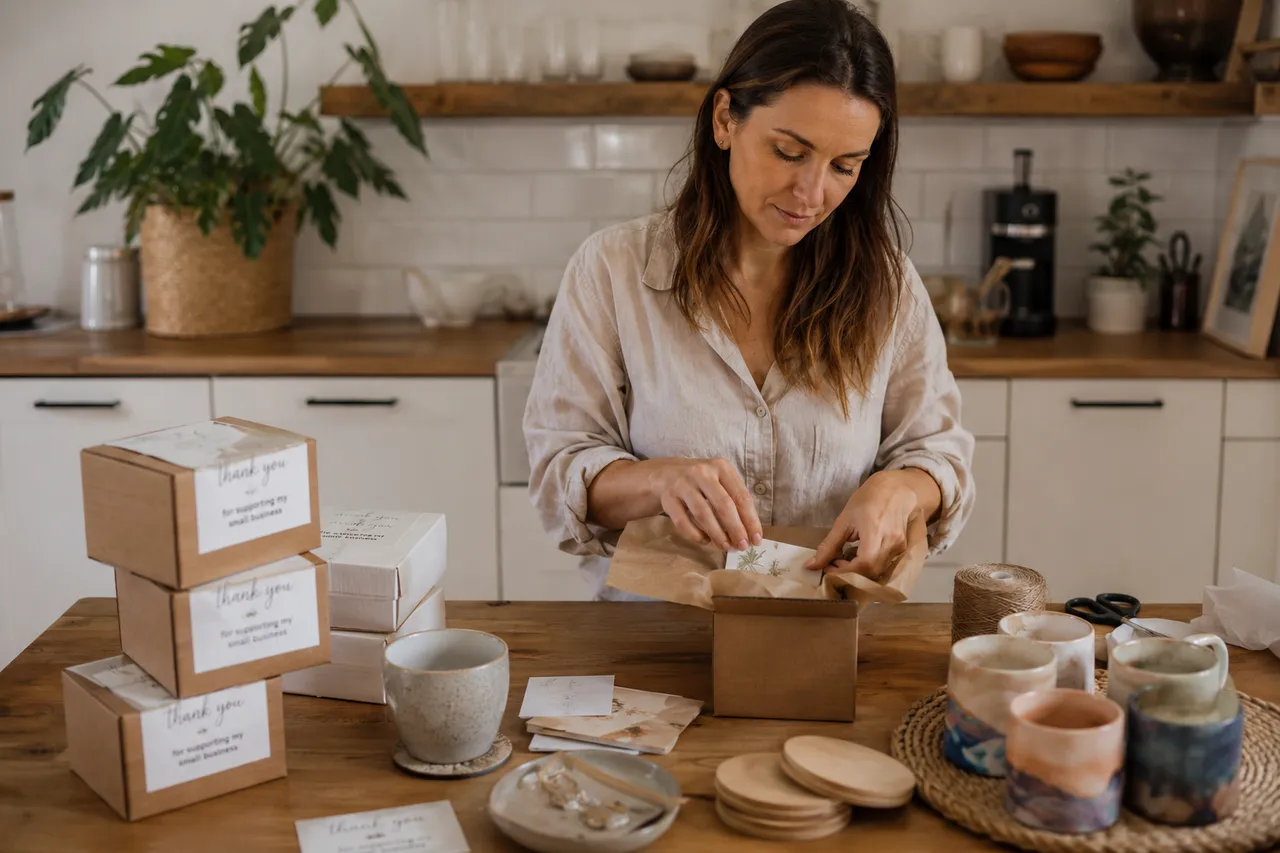 Packing handmade products ready to ship to customers.
