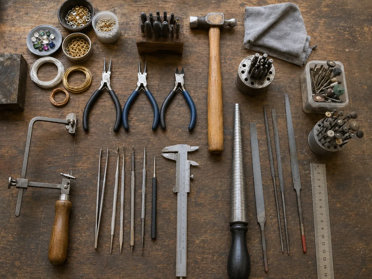 Maker tools and supplies on a workbench.