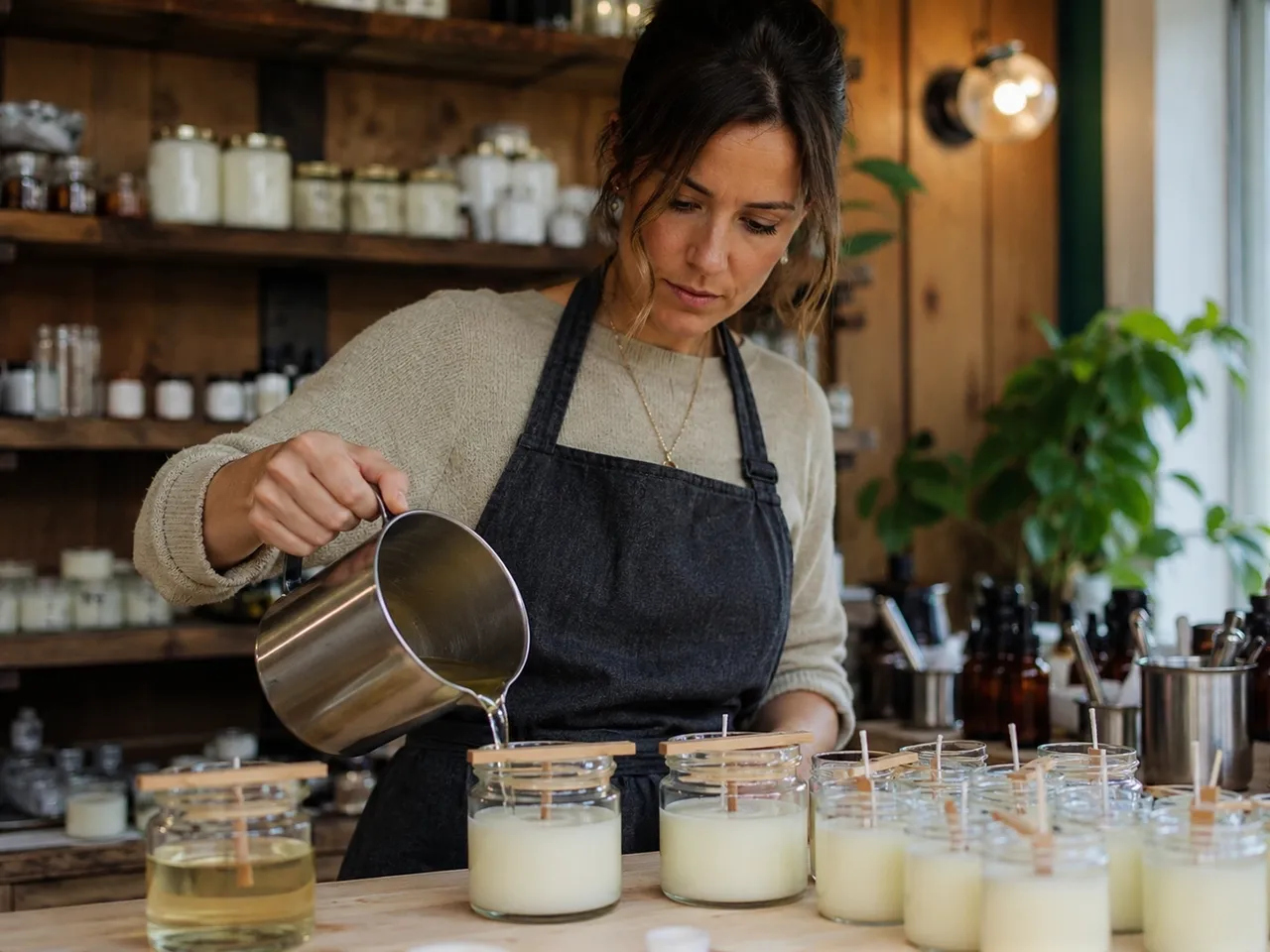 Pouring wax for handmade candles.